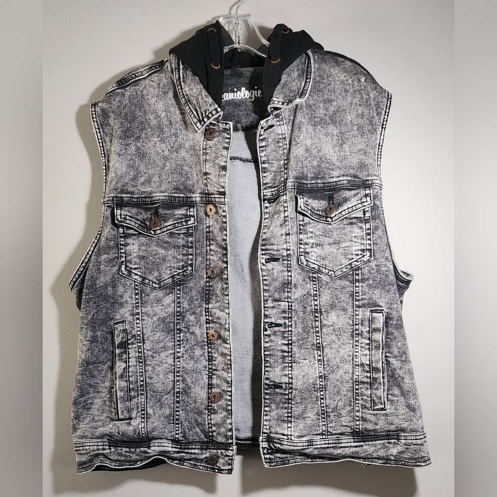 Jeaniologie Men’s XL Acid Wash Denim Vest with Hood | Grunge Streetwear